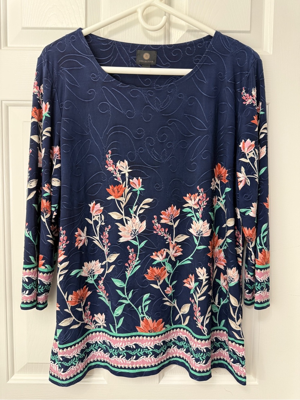 JM Collection Navy Floral Long Sleeve Scoop Neck Top